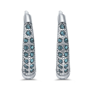 Eternity Huggie Hoop Earrings Channel Round Simulated Aquamarine CZ 925 Sterling Silver (14mm)